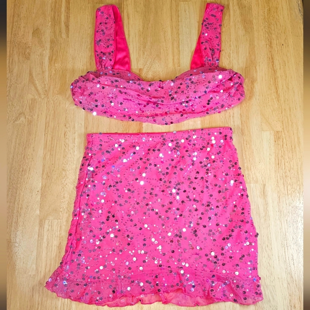 Pink Sequin Crop Top Skirt Set